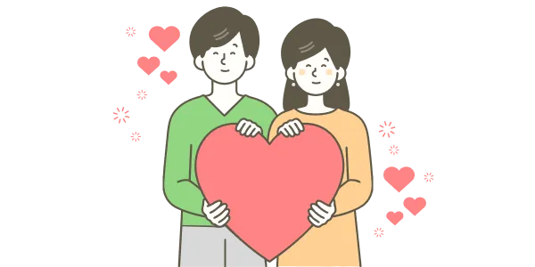 大きなハートを一緒に持つ笑顔の女性と男性のイラスト