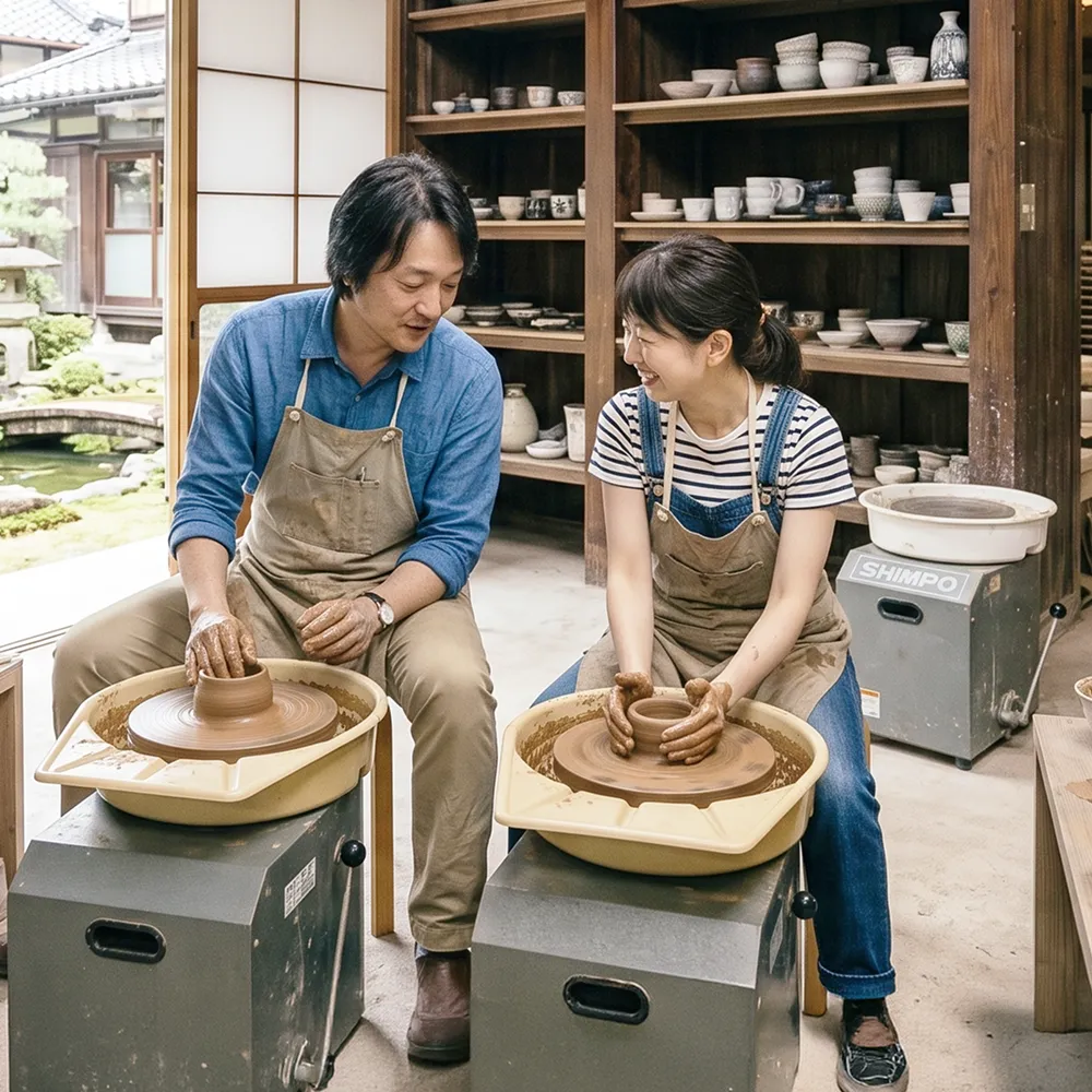 陶芸を体験する男女の写真