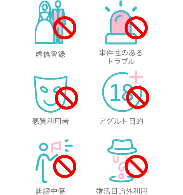 虚偽登録、事件性のあるトラブル、悪質利用者、アダルト目的、誹謗中傷、婚活目的外利用
